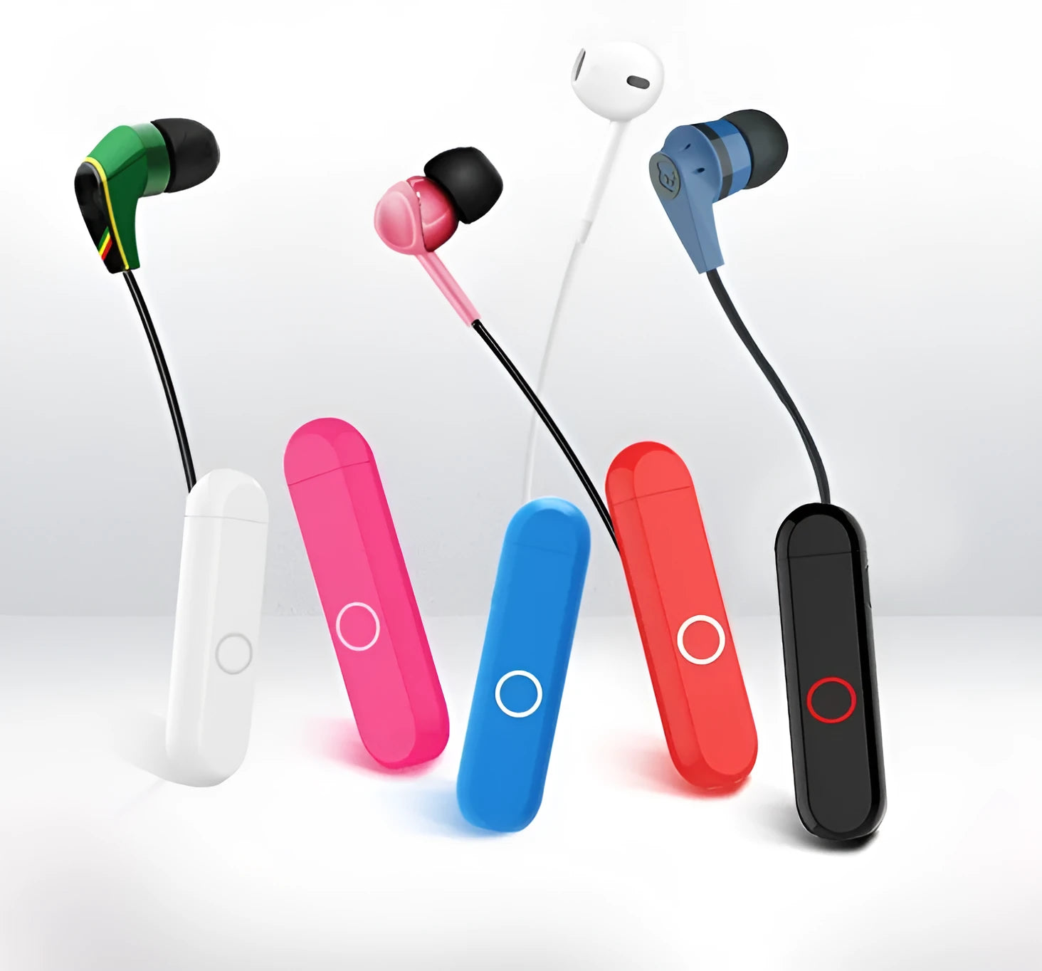 Compact A1 Bluetooth audio receiver with 3.5mm plug shown in black, blue, orange, and white colour options.