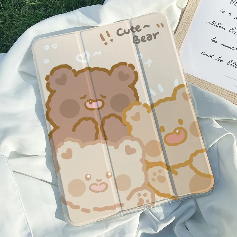 Rabbit cartoon design on a flat tri-fold silicone case for an iPad.