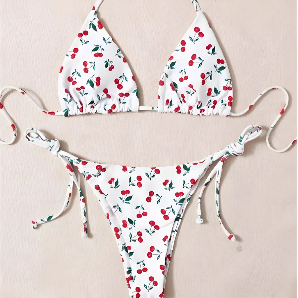 Holiday split halter bikini set in solid picture colour with backless design, briefs bottom and nylon lining, sizes S to XL
