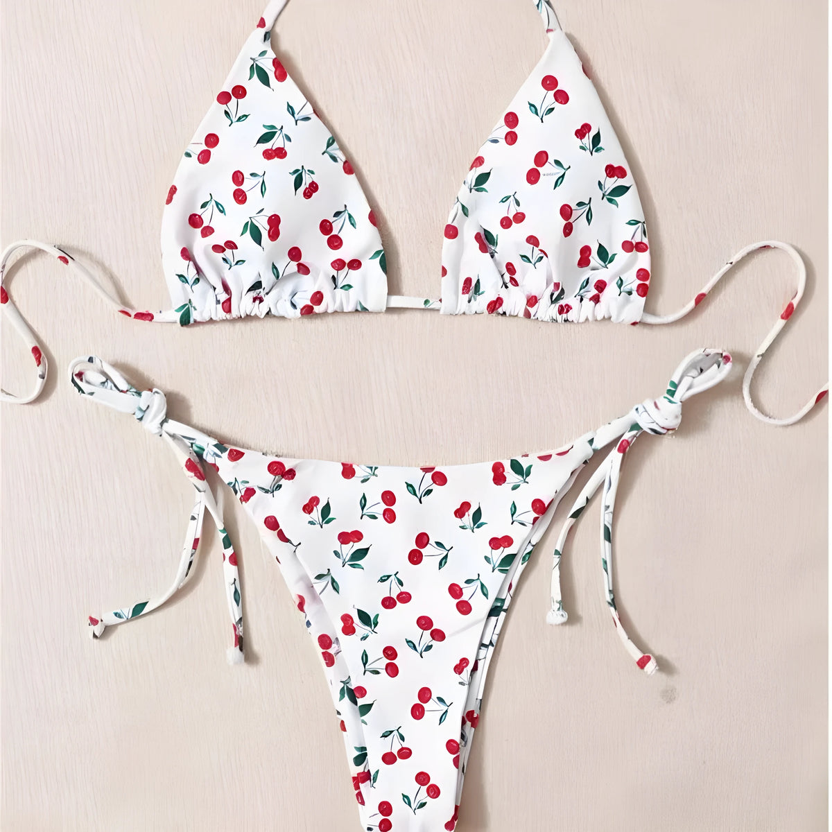 Holiday split halter bikini set in solid picture colour with backless design, briefs bottom and nylon lining, sizes S to XL