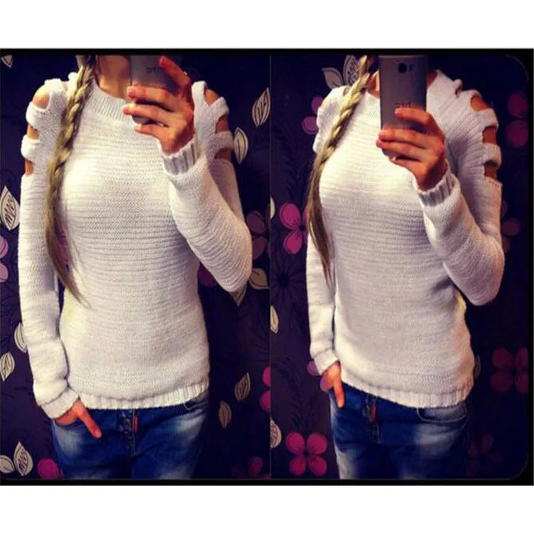 Women's white crocheted hollow-out jumper with round neck and long sleeves