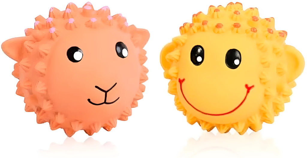 Orange and yellow spiky latex dog toys with animal designs, approximately 3 inches diameter