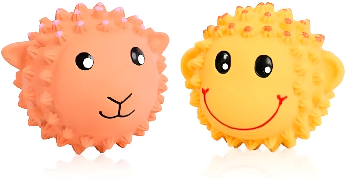 Orange and yellow spiky latex dog toys with animal designs, approximately 3 inches diameter