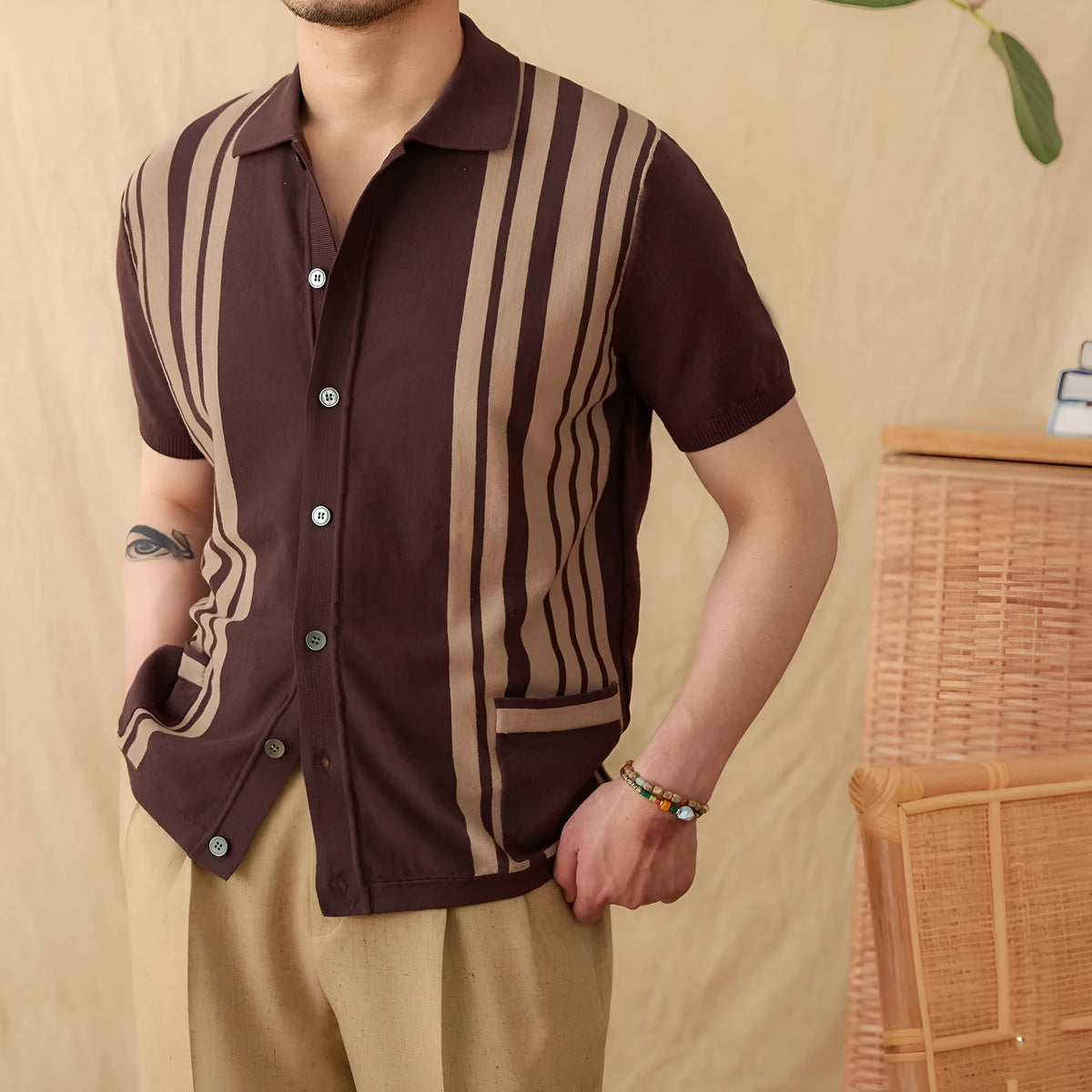 Cotton striped short-sleeve cardigan polo shirt with lapel collar in light blue colour