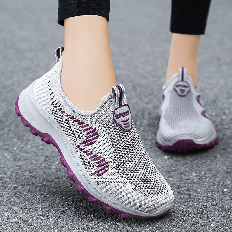 Women's casual sports shoes with mesh upper, round toe, flat heel, available in black, grey, purplish red, taro purple, sizes 36-41