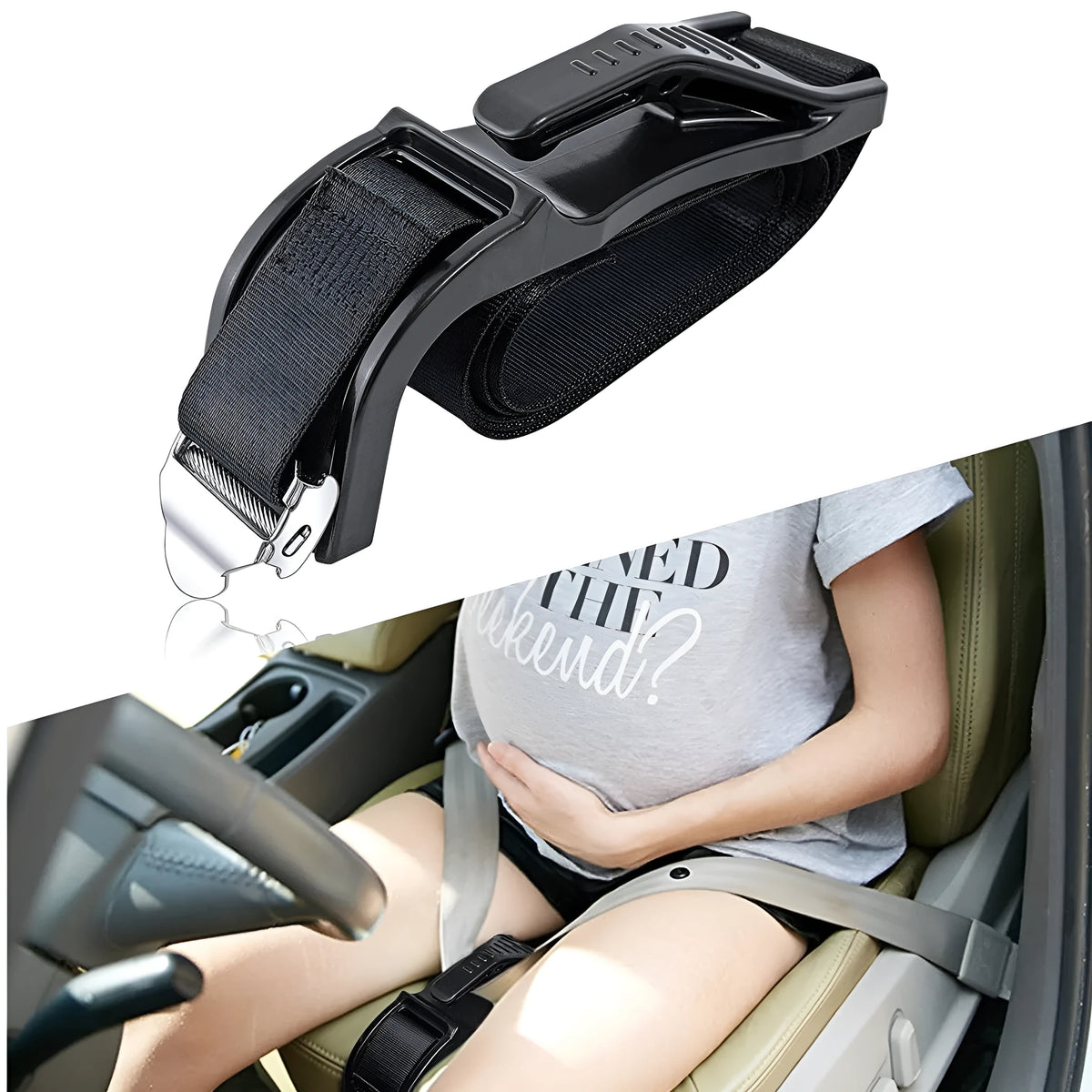 Black ABS maternity seat belt adjuster with metal buckle for pregnant passenger safety.