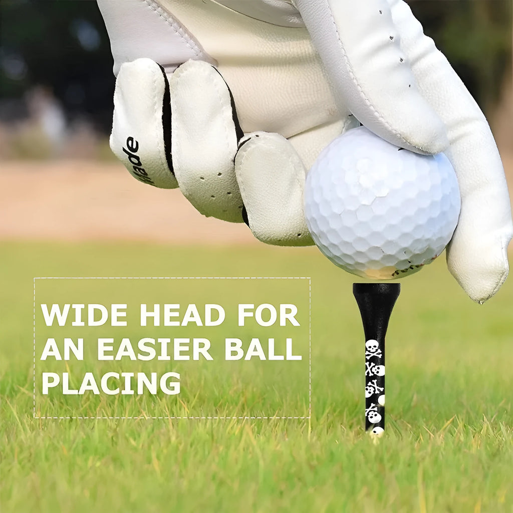 Black bamboo golf spike dowel pins with skull print in 70mm and 83mm lengths