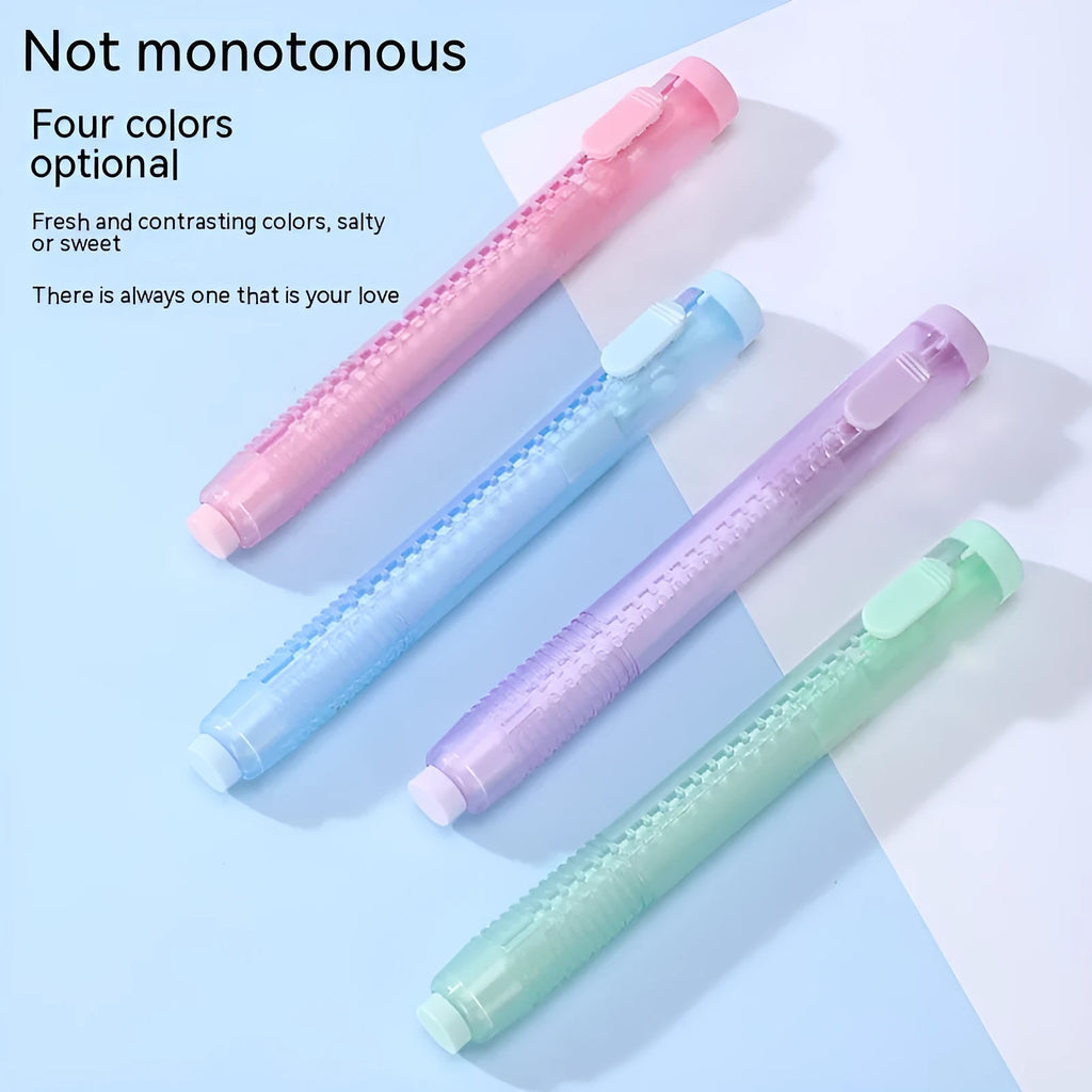 Push type automatic eraser in blue, green, pink, purple colours measuring 12cm by 8cm