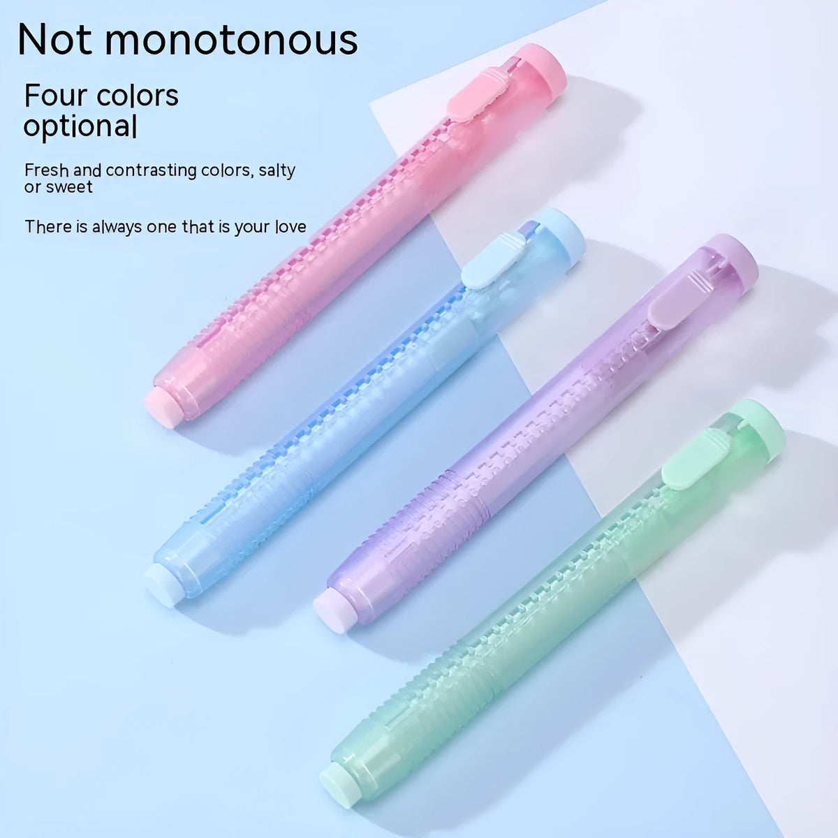 Push type automatic eraser in blue, green, pink, purple colours measuring 12cm by 8cm