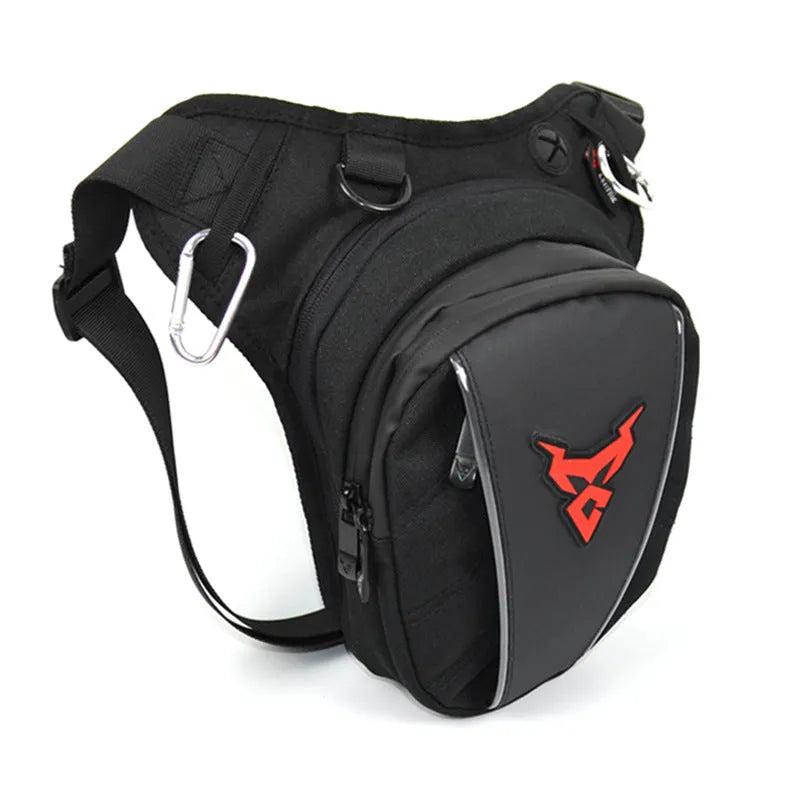 0105MC motorcycle leg bag in 1200D Oxford cloth shown in red, blue, green, and grey colour options