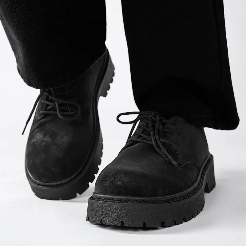 Men's black thick sole height increasing casual vulcanised shoes with buckle fastening and metal detail
