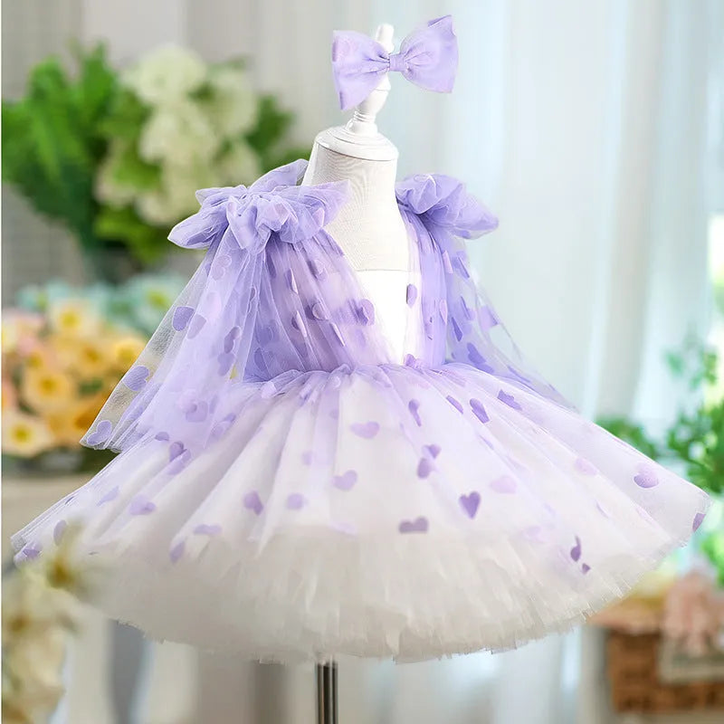 Girls purple tutu dress with bow and gauzy skirt, princess style, available in sizes 80cm to 160cm