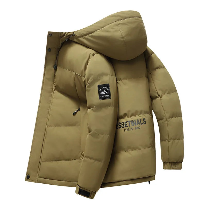 Men's hooded padded coat in black, loose fit, polyester fibre filler, 50cm length, sizes M to 3XL