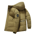 Men's hooded padded coat in black, loose fit, polyester fibre filler, 50cm length, sizes M to 3XL