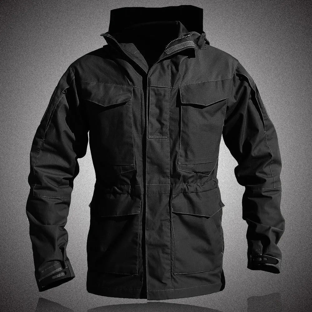 M65 UK US army style hooded field jacket in cotton blend, black camouflage or khaki, sizes S to XXL