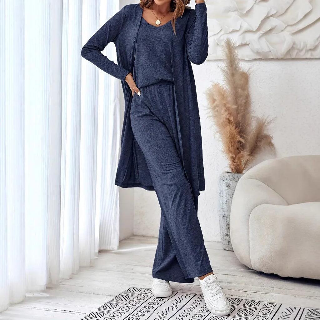 Women's blue polyester casual suit with long sleeve top, trousers, and suspenders in Japanese Korean style