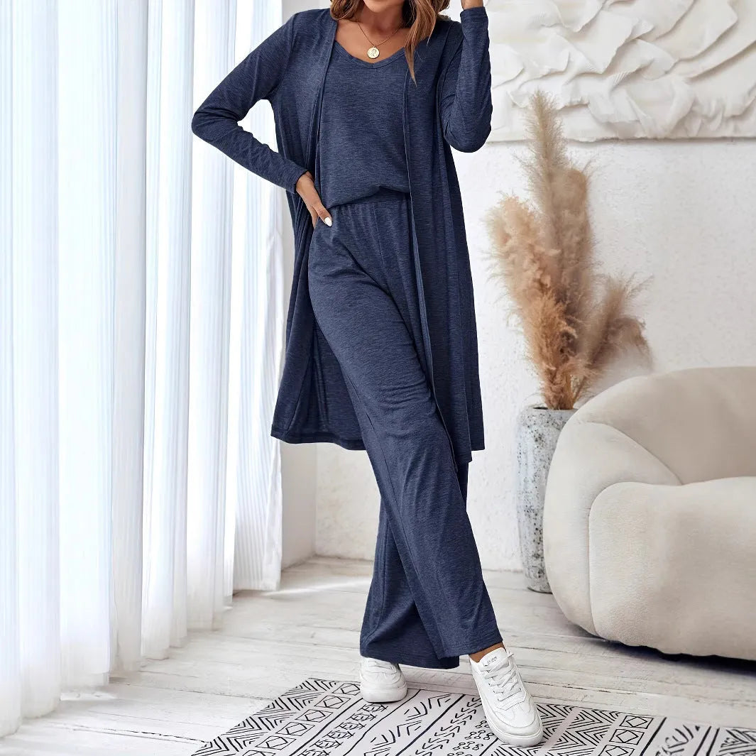 Women's blue polyester casual suit with long sleeve top, trousers, and suspenders in Japanese Korean style