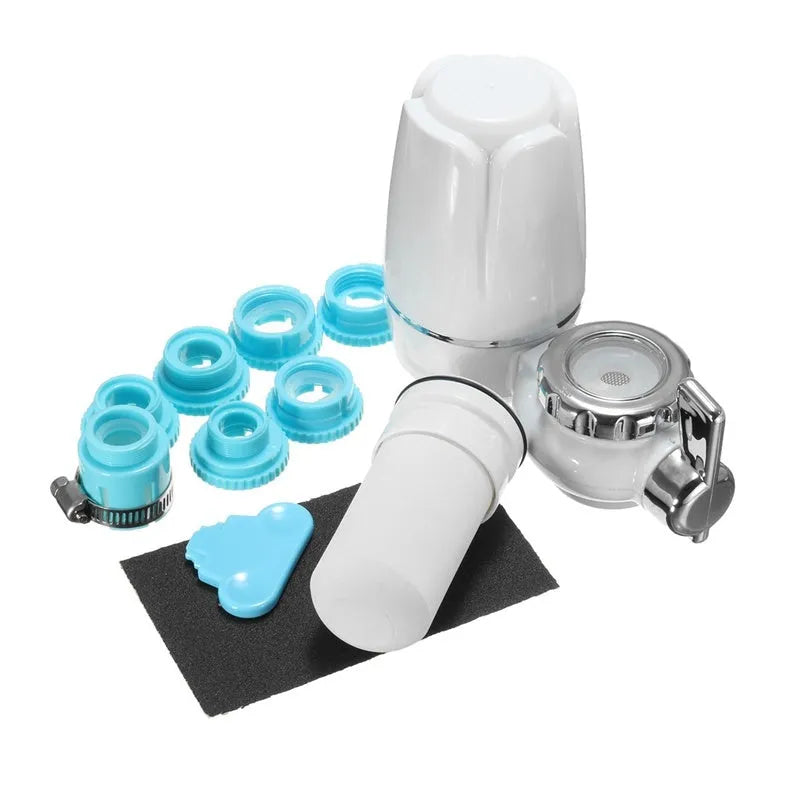 White plastic faucet water filter with ceramic cartridge and universal adapter for kitchen tap