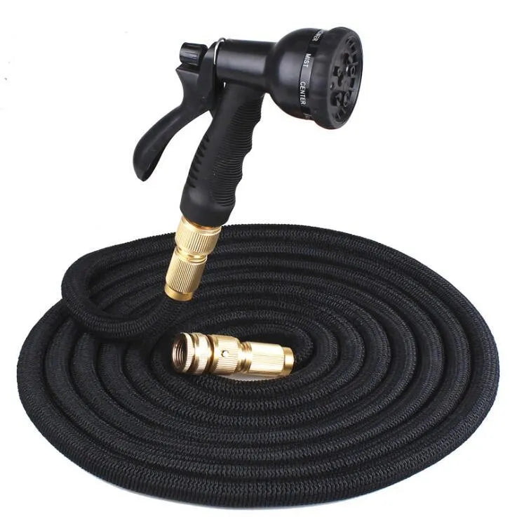 Expandable flexible water hose with braided outer sleeve, available in 25ft to 125ft sizes and Black Green Red colours.