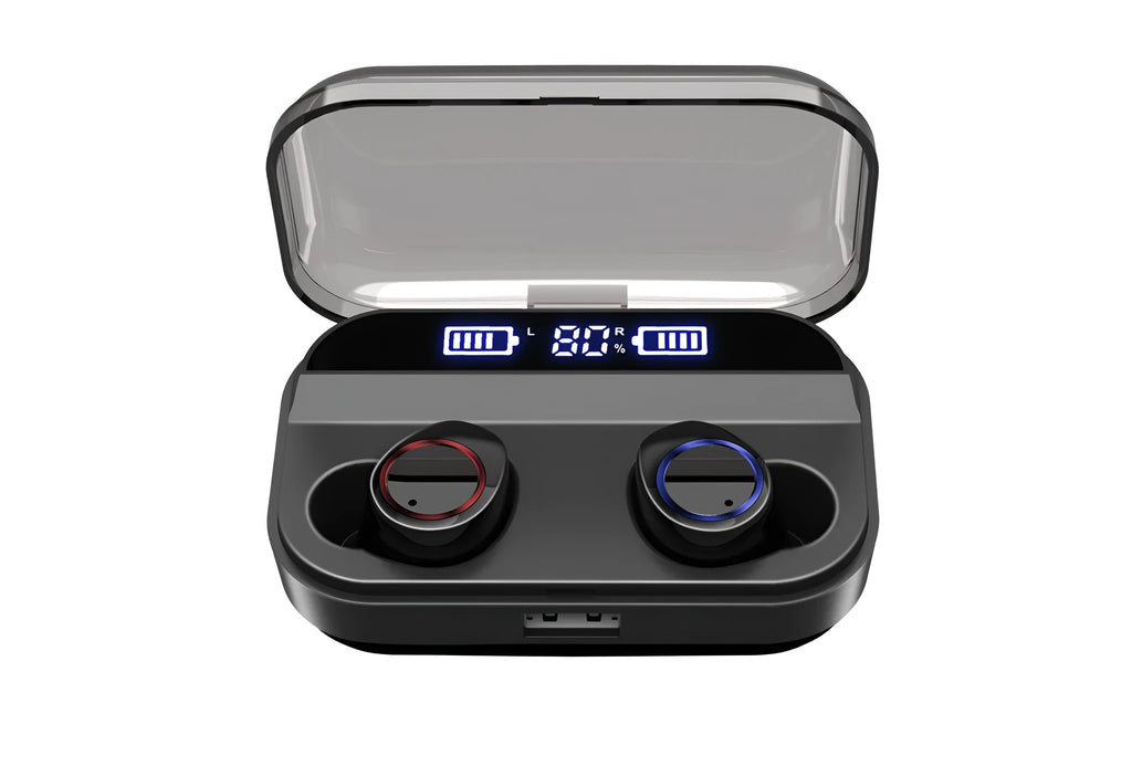 Black X11 Bluetooth wireless earbuds with touch controls and charging case with optional wireless charging