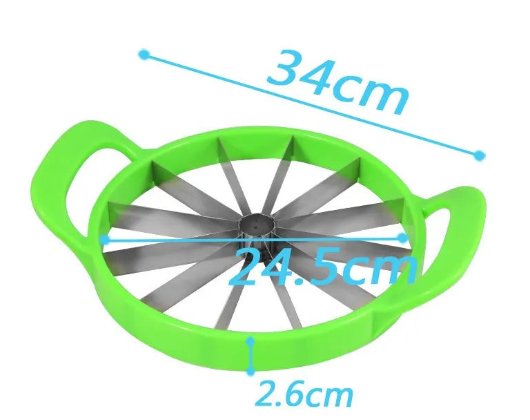 Green watermelon slicer with 410 stainless steel blade and non-slip handle on table