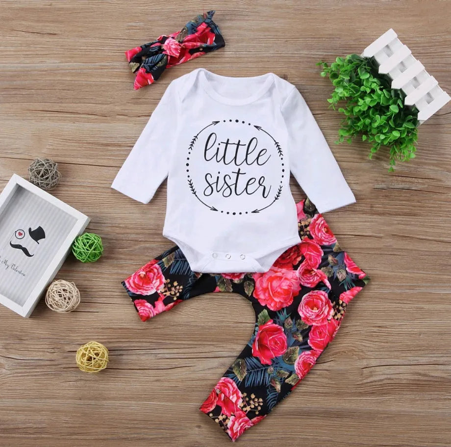 Girls autumn three-piece clothing set with long-sleeved top, bottoms, and hair band in Flower or White, sizes 70cm to 100cm