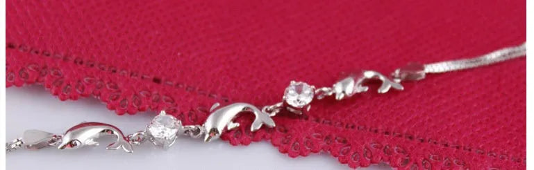 925 sterling silver dolphin amethyst bracelet with heart pendant and diamond inlay in purple and white