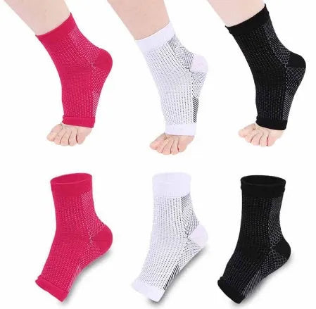 Nylon compression ankle support sleeve with heel hole, breathable and moisture-wicking, in black, red, or white.