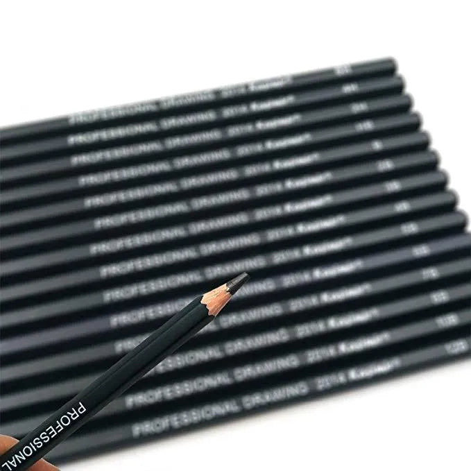 Boxed set of fourteen black sketching pencils ranging from 6H to 12B, each 18 cm long