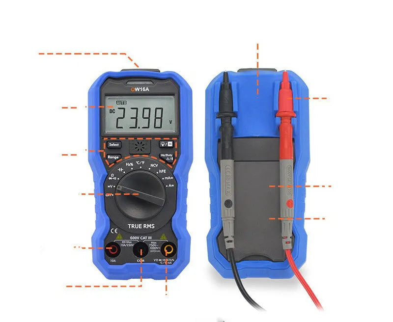 Handheld digital multimeter with NCV voltage detection and temperature measurement functions