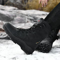Men's cowhide hi-top hiking platform shoes in black colour for outdoor activities