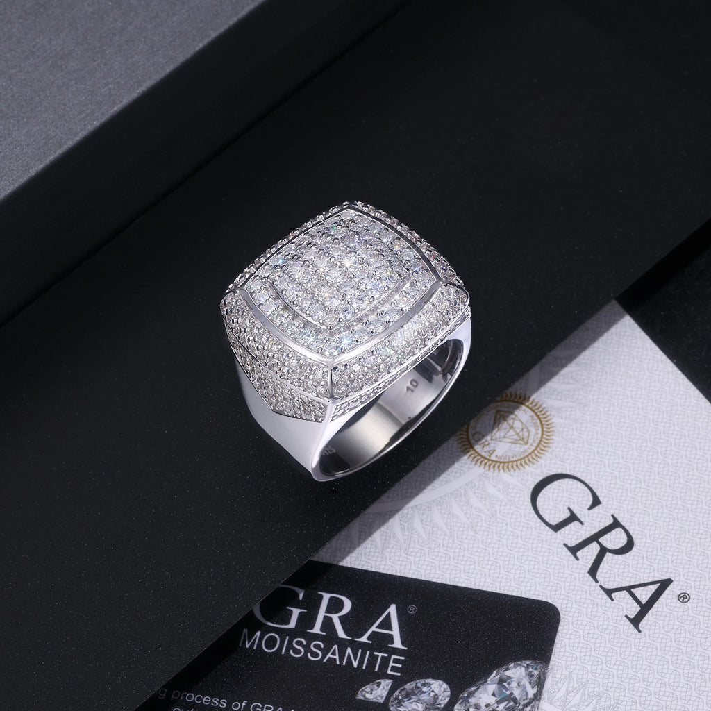 Imperial moissanite S925 silver platinum-plated men's ring, size 5-9, 17g, with GRA certificate and gift box.
