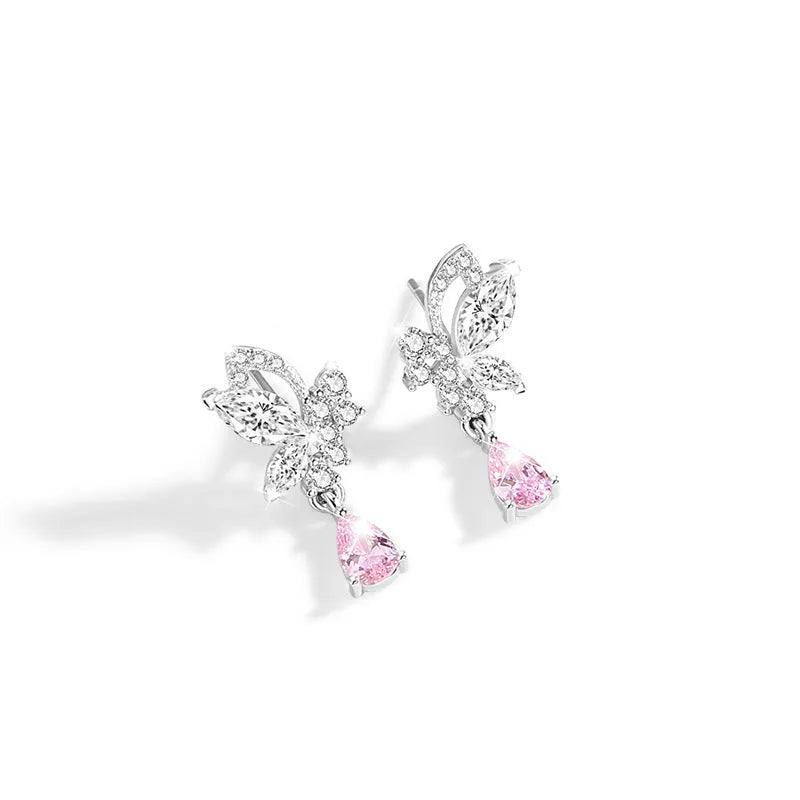 Silver butterfly stud earrings with crystal accents on 925 silver posts