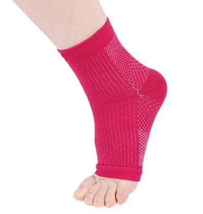 Nylon compression ankle support sleeve with heel hole, breathable and moisture-wicking, in black, red, or white.