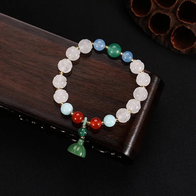 Hand-carved pumpkin lotus beads bracelet in white jade and bodhi root with multiple bead sizes