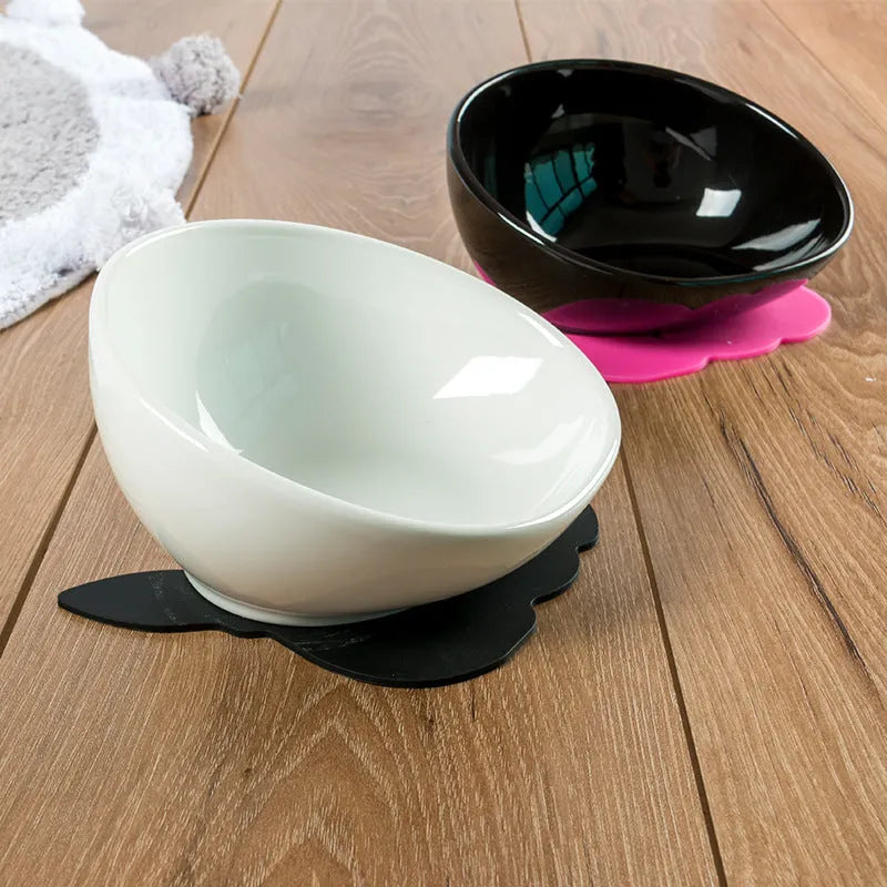 150ml ceramic pet bowl with PP dining table and silicone mat, black or white, for cats and small to medium dogs