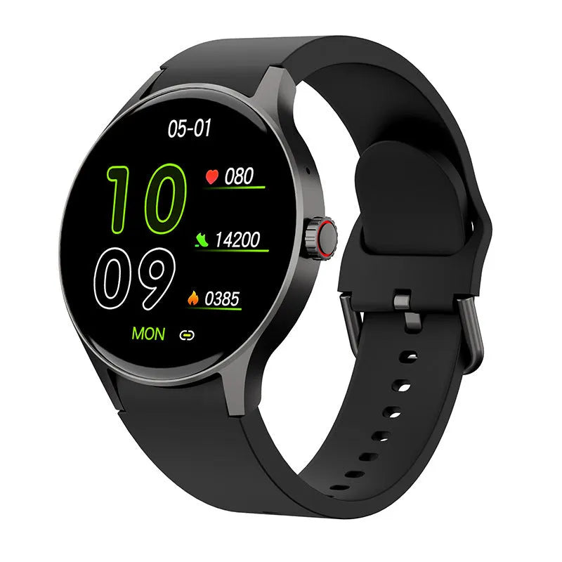 Smart watch with blood sugar detection on wrist showing AMOLED display
