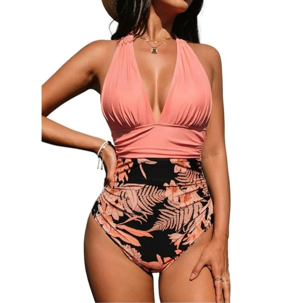 Women's one-piece halter swimsuit in quick-drying polyester, shown in multiple colour options.