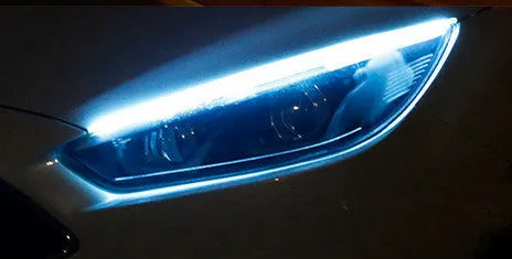 Flexible silicone car LED light strip for daytime running lights and turn signals.