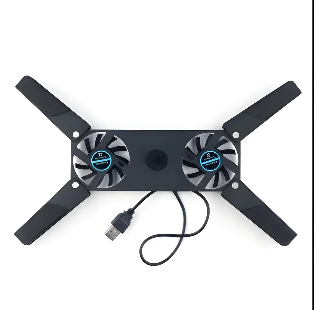 Foldable USB laptop cooling pad with two 6cm fans, alloy body, anti-slip feet, open size 27 x 18 x 2.2cm