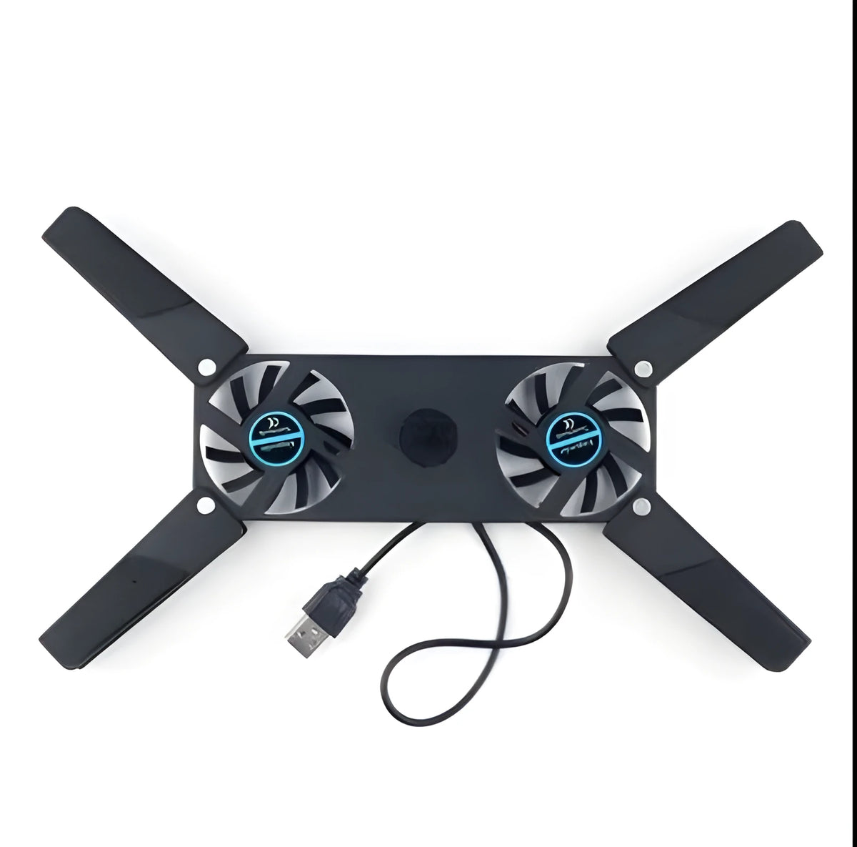 Foldable USB laptop cooling pad with two 6cm fans, alloy body, anti-slip feet, open size 27 x 18 x 2.2cm