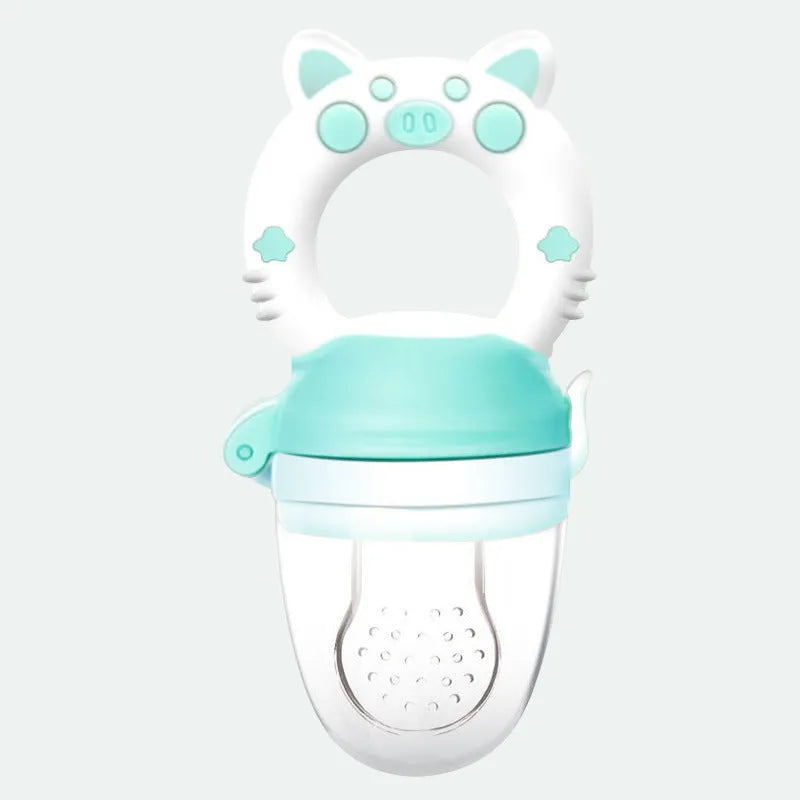 Soft silicone baby teether in blue colour with textured mouthpiece for chewing