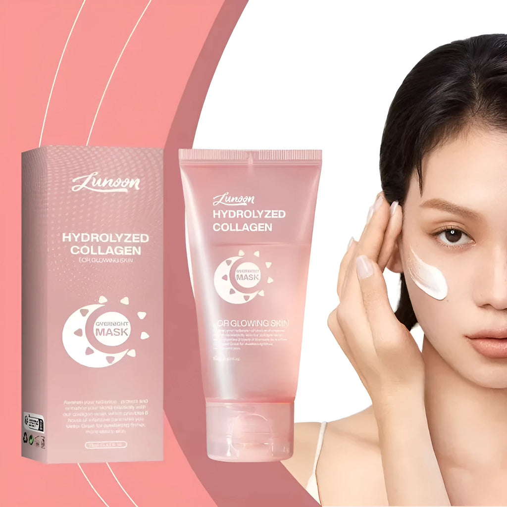 75ml bottle of collagen overnight face mask with application brush on a blue background.
