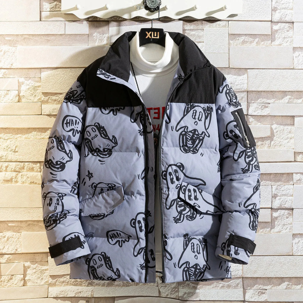 Korean style loose bread clothes winter men hooded jacket in beige or blue, thick polyester fill, sizes M to 4XL