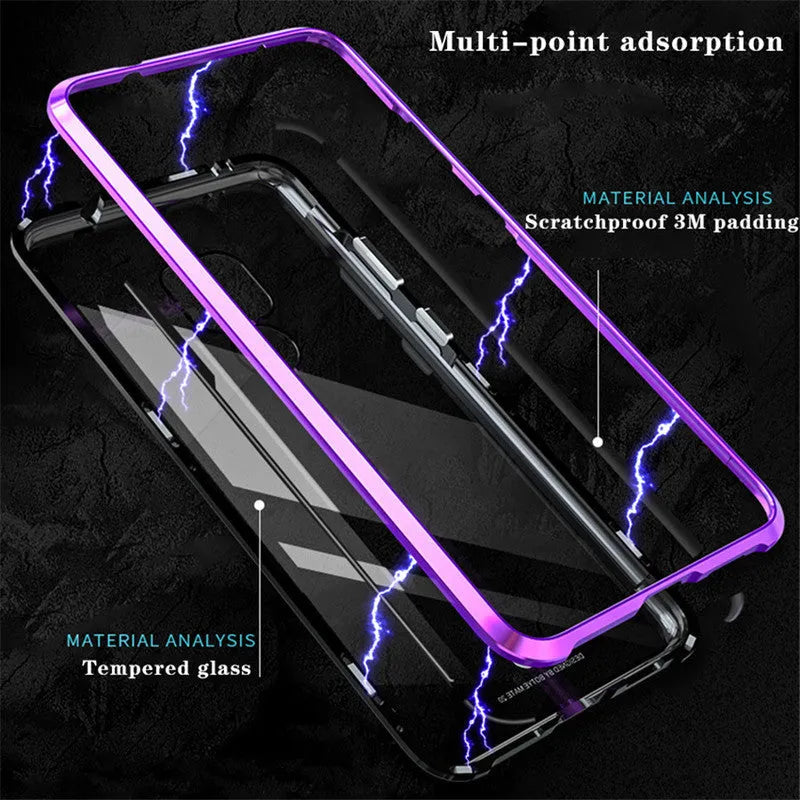 Black magnetic phone case with metal frame and clear tempered glass back for Huawei phone.