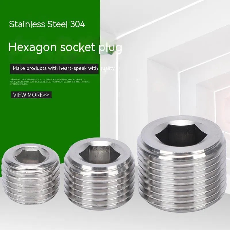 Stainless steel 304 hexagonal pipe plug with 3/8 thread for bulkhead fittings.