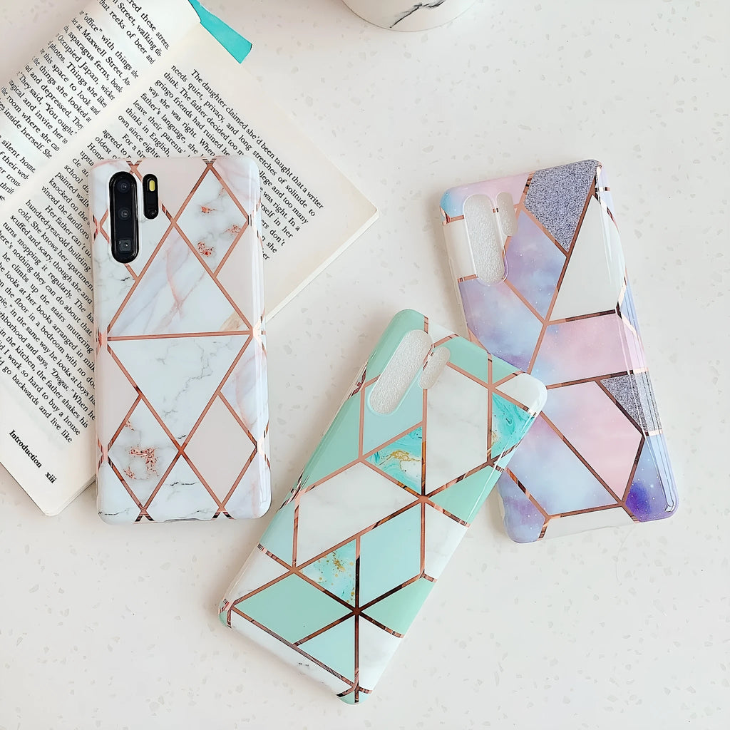 Electroplated marble finish mobile phone case for Huawei and Samsung smartphones in various colours.
