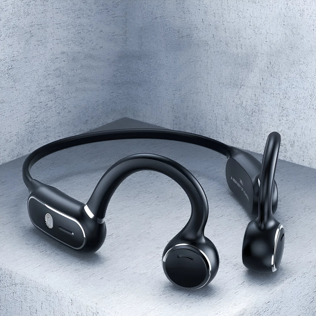Black open-ear air conduction Bluetooth wireless earphones with a flexible titanium frame on a white background.