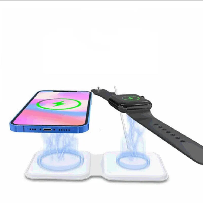 White foldable magnetic wireless charger showing 180° positioning with dual charging surfaces