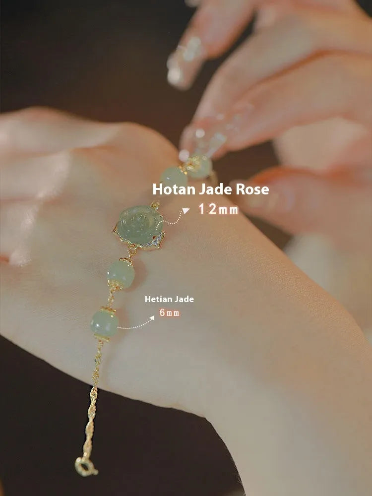Handmade Hetian Jade women's bracelet with 14K gold gilding and floral rose design